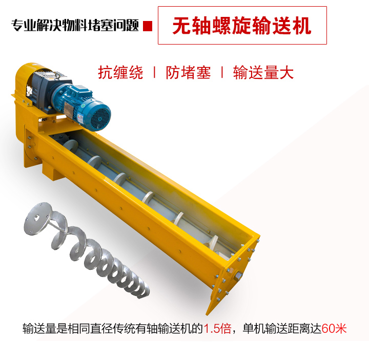 輸送量是相同直徑傳統(tǒng)有軸輸送機(jī)的1.5倍，單機(jī)輸送距離達(dá)60米